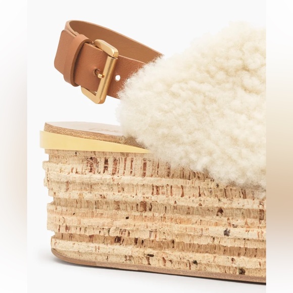 NWOT Chloe Camille Wedge Mules Fur Cork Leather Beige Sandals Shoes - Picture 3 of 13